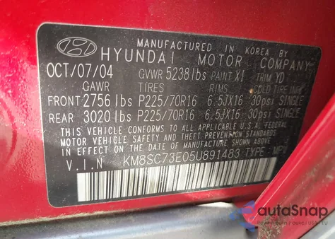 2005 Hyundai Santa Fe Gls/Lx из США, поврежденный, VIN KM8SC73E05U891483